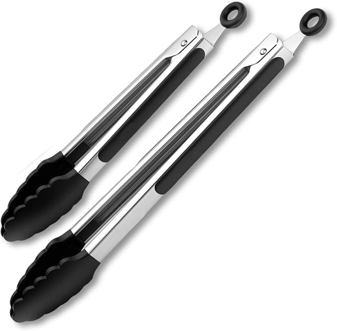 Black Stainless Steel Tongs Heat Resistant Kitchen Tongs Set - 7" & 9" Inch, BBQ Tongs with Silicone Tip, Strong Grip for Cooking, Salad Tossing, Air Fryer, & Grill Tongs- Pull Lock, Black - Set of 2