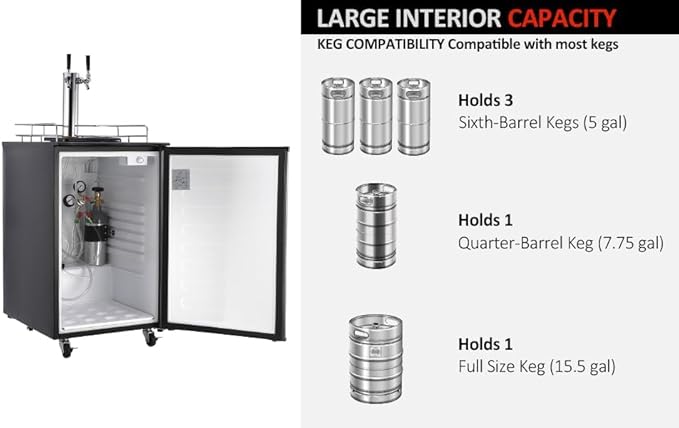 Kegerator and Keg Beer Cooler, Dual Tap Draft Beer Dispenser, Full Size Keg Refrigerator With Shelves, Stainless Steel, Drip Tray & Rail，silver
