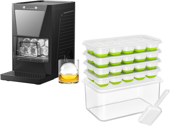 IC9CM Ice Cube Trays with Bin 4 Pack + IM1 2.2-Inch Clear Ice Ball Machine