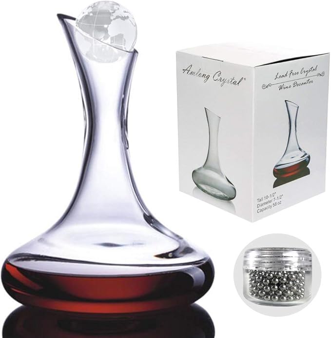 Amlong Crystal Lead-Free Large Wine Decanter, Red Wine Carafe, Wine Gift, Wine Accessories 58 oz(1700ml), with Crystal Globe Stopper and Cleaning Beads