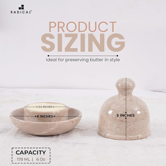 Radicaln Marble Butter Dish With Lid 6" Inches Verona Handmade Butter Spreader for Bread, Butter Crock For Counter With Water French Butter, Farmhouse Kitchen Décor