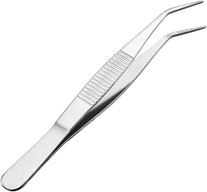 uxcell 5-Inch Stainless Steel Tweezers with Curved Pointed Serrated Tip