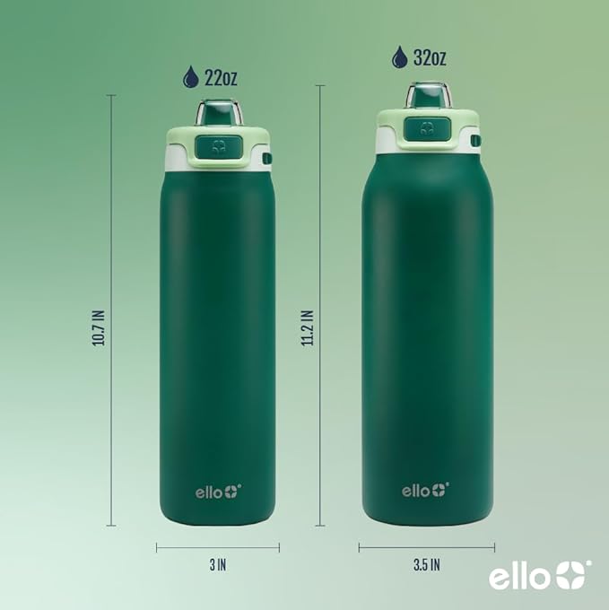 Ello Pop & Fill 22oz Stainless Steel Water Bottle with Quick Fill Technology, Double Walled and Vacuum Insulated Metal, Leak Proof Locking Lid, Sip and Chug, Reusable, BPA Free, Forest Mist
