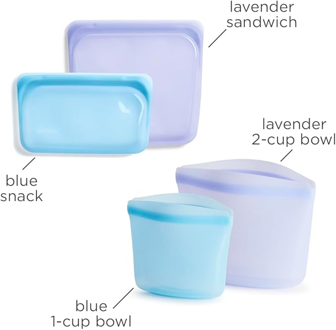 Stasher Silicone Reusable Storage Bags, 4-Pack, Reusable Freezer Bags, Microwave, Dishwasher, Oven Safe, Sous Vide, Premium Lunch Containers, Eco Friendly, Food Storage Bags, Snack Bags, Multicolor | Reusable Food Bags