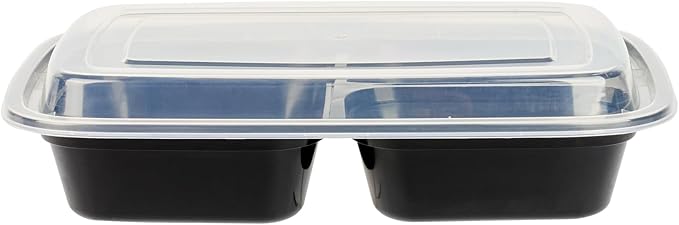 Restaurantware-Asporto 26 Ounce Compartment Take Out Boxes, 50 Microwavable Meal Prep Containers - 3 Compartments, With Clear Plastic Lids, Black Plastic Food Containers, Do Not Contain BPA