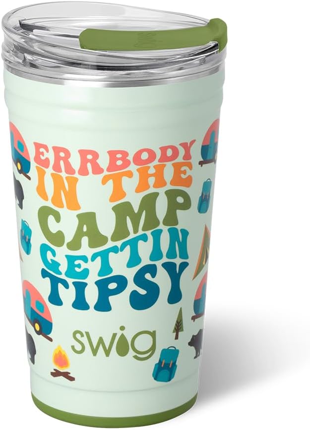 Swig Life 24oz Party Cup, Stackable Insulated Travel Coffee Tumbler with EZ Slider Lid, Cup Holder Friendly, Stainless Steel 24 oz Tumbler, Reusable Coffee Mug (Errbody Camp)