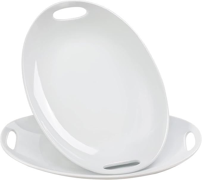 Buyajuju Porcelain Serving Platter with Handles, 14" serving dishes for entertaining, Oval Serving tray for Salad, Stew, Fruits and Pasta, Set of 2, White