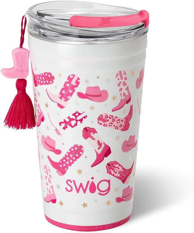 Swig Life 24oz Party Cup, Stackable Insulated Travel Coffee Tumbler with EZ Slider Lid, Cup Holder Friendly, Stainless Steel 24 oz Tumbler, Reusable Coffee Mug (Let's Go Girls)