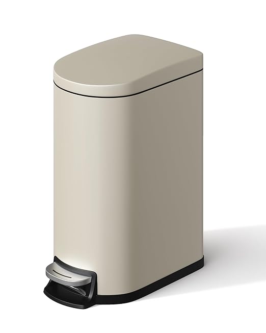 GarveeHome 2.6 Gallon Bathroom Trash Can, Space-Saving Slim Stainless Steel Step-On Garbage Bin with Soft Close Lid, Removable Inner Bucket for Bathroom & Bedroom, Sand Beige