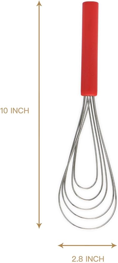 Flat Whisk Silicone Handle Non Slip 10" - 5 Wires Whisk with 10 Heads for Kitchen Cooking Color Red by Jell-Cell