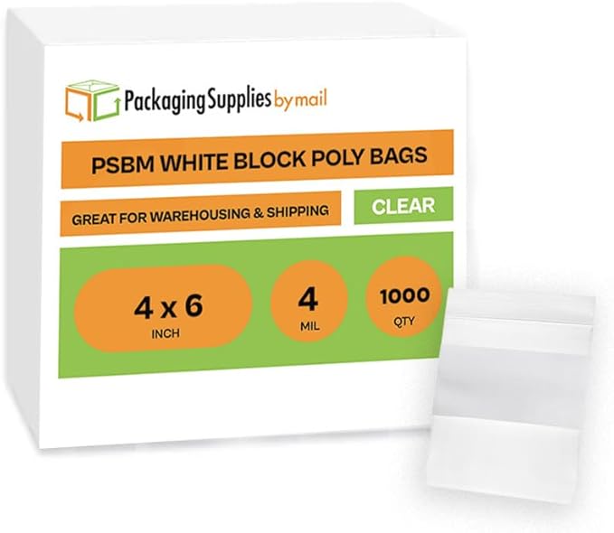 PSBM 1000 Count 4 Mil 4 Inch x 6 Inch, White Block Reclosable Poly Bags, With Write-On Block, Clear Zip Plastic Bag, Lock Seal Zipper For Packing, Storing, Organizing & Shipping Products