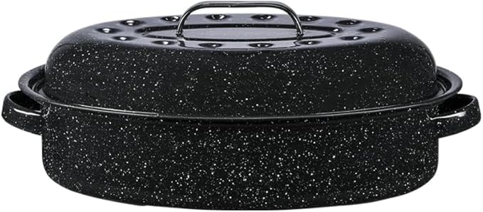 Granite Ware 15-Inch Covered Oval Roaster - Enamel Steel Basic Cookware, Nonstick & Chemical-Free, Dishwasher Safe - 10 Lb Capacity, Large Roasting Pan for Meats, Poultry, Vegetables (Speckled Black)