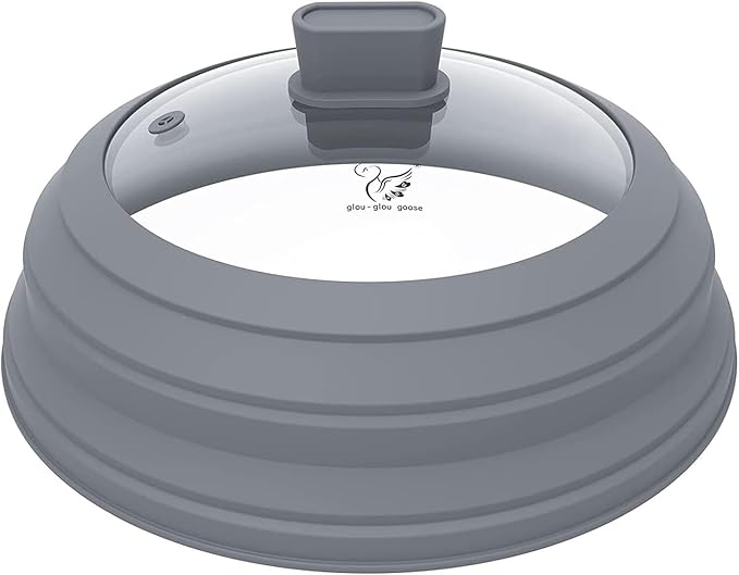 Microwave Splatter Cover Glass Splatter Guard Lid with Collapsible Silicone for Food Pot Plate Cover 11.8 inch Light Grey