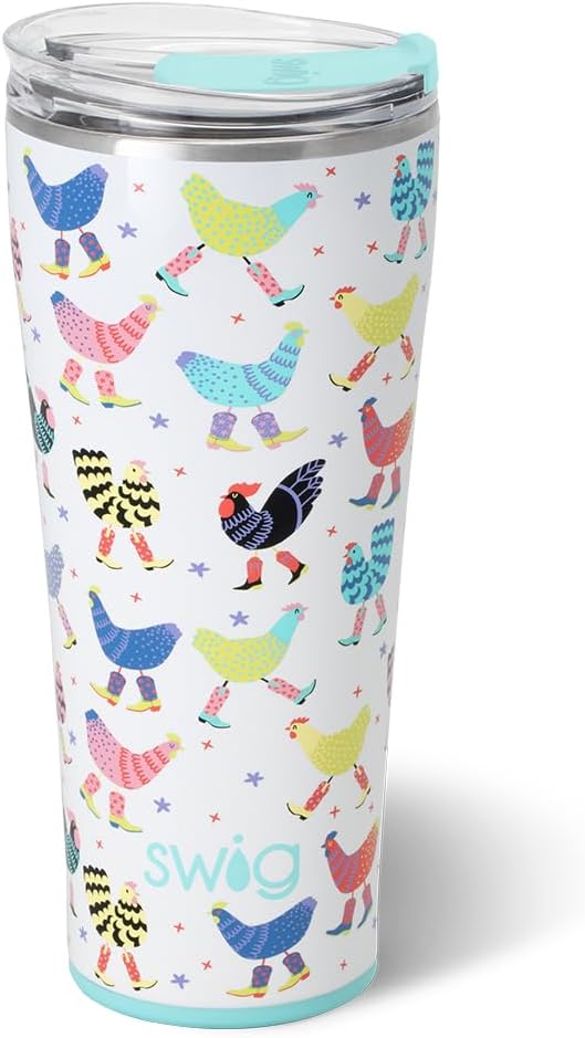 Swig Life 32oz Insulated Tumbler, Travel Coffee Tumbler with Lid, Cup Holder Friendly Travel Coffee Mug, Stainless Steel, 32 oz, Reusable Insulated Mug with Lid (Funky Chicken)