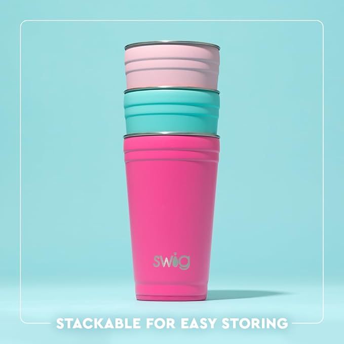 Swig Life 24oz Party Cup, Stackable Insulated Travel Coffee Tumbler with EZ Slider Lid, Cup Holder Friendly, Stainless Steel 24 oz Tumbler, Reusable Coffee Mug (Let's Go Girls)