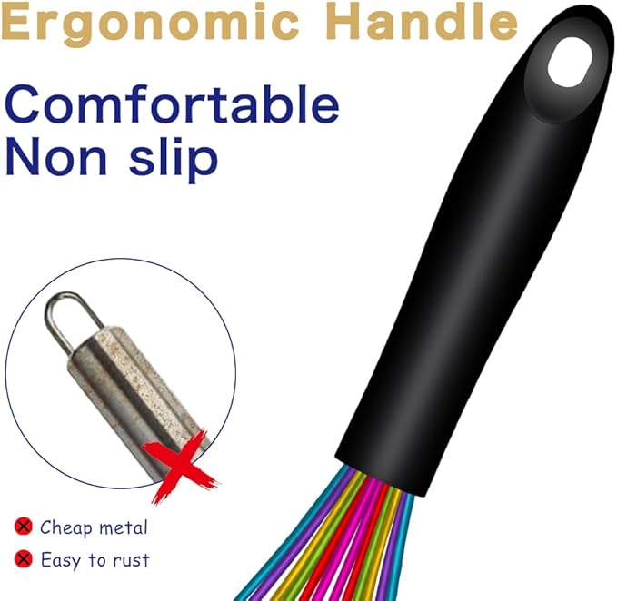 Dishwasher Safe Colorful Silicone Whisk, Sealed Waterproof Design Set of 3, Professional Kitchen Whisks for Cooking Non-Scratch, Silicone & Stainless Steel Whisk, Heat Resistant Balloon Egg Beater