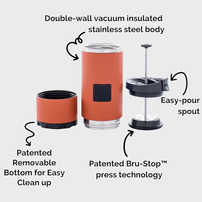 BruTrek® by Planetary Design OVRLNDR Travel Coffee French Press, 24 fl.oz, Double Wall Insulated, Easy To Clean Removable Bottom, No Spill Lid, On The Go Coffee Brewing (Snowflake White)