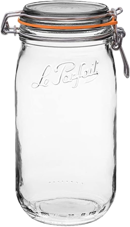 Le Parfait Super Jar, Canning Jars, 1.5L French Glass Canning Jar w/Round Body, Glass Jars w/Airtight Lid, Canning Jar Wide Mouth, Glass Jar w/Lid, Clear Jar, Clear Glass Jar (32oz/Quart & Half, 1 pk)