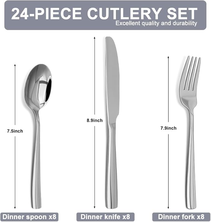 Silverware Set,18/10 Stainless Steel Silverware Set For 8,With Dinner Knives Forks Spoon Set for Home, Kitchen and Restaurant, Mirror Polished& Dishwasher Safe