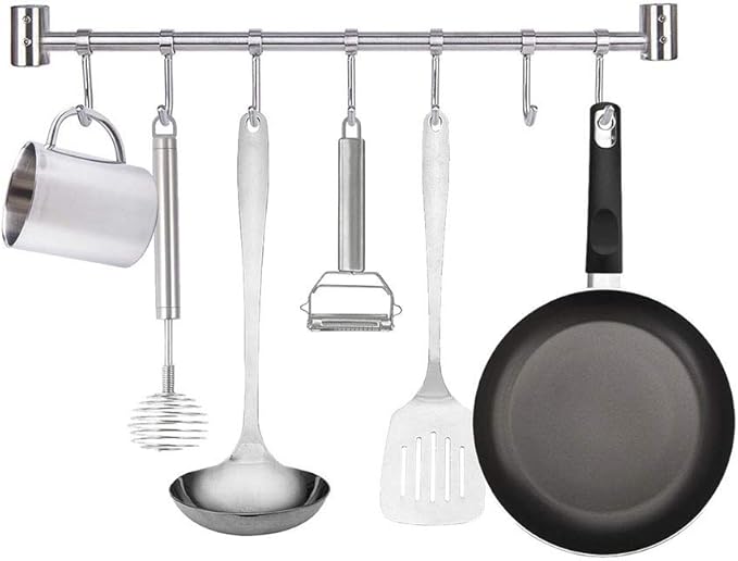 Kitchen Utensil Racks Rail Wall Mounted Utensil Hooks Rack Stainless Steel Hanger Hooks for Kitchen Tools Pot Towel (7 Hooks,2 Packs)