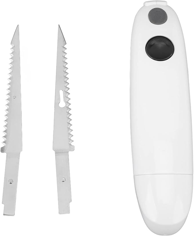 Cordless Electric Fillet Knife, Battery Powered Portable Electrical Food Cutter for Carving Steak, Pork, Chicken, and Bread, Removable Reciprocating Serrated Stainless Steel Blades