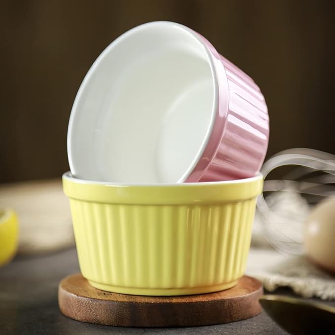 Ramekins 6oz Oven Safe,Creme Brulee Ramekin and Souffle Dishes,Porcelain Baking Bowls,Dipping Sauce Dish.Pudding Cups,Set of 6,Pink