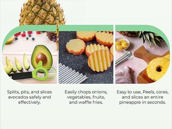 Avocado Tool 3 in 1 Includes Avocado Cutter, Pitter, Peeler – Pineapple Corer and Slicer Peeler – Crinkle Knife, Wavy Potato Cutter, French Fry & Fruit Slicer – Kitchen Gadgets Set