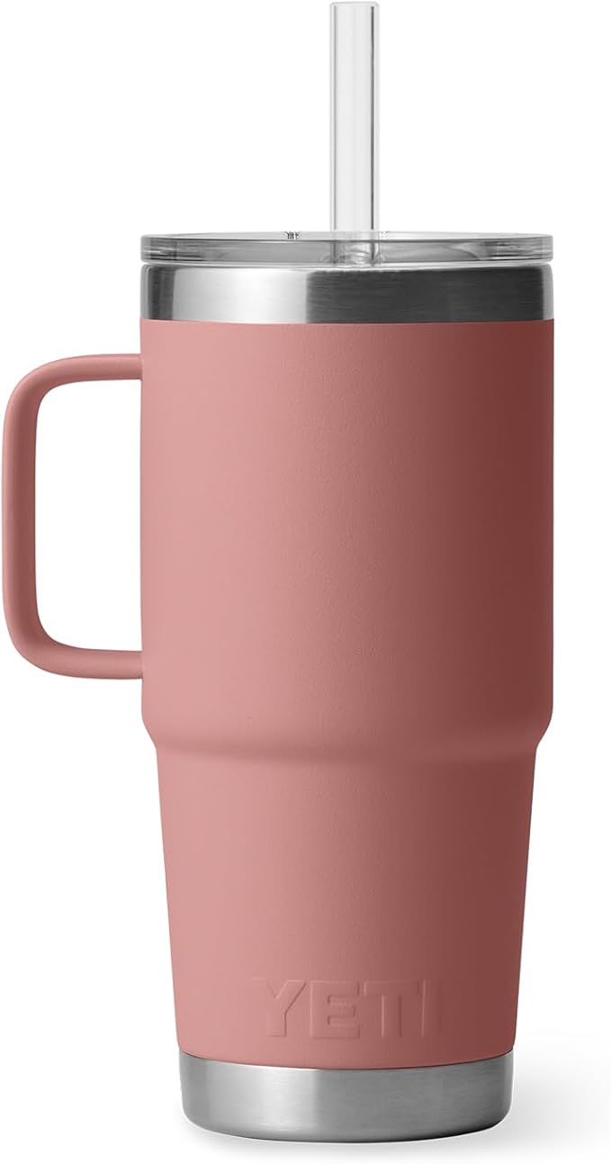 YETI Rambler 25 oz Tumbler with Handle and Straw Lid, Travel Mug Water Tumbler, Vacuum Insulated Cup with Handle, Stainless Steel, Sandstone Pink