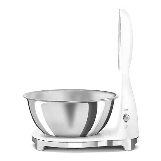 SMEG Retro-Style Analog & Digital Kitchen Scale, 11 lb Capacity, Rechargeable Battery, Backlit LCD Display, Stainless Steel Bowl (White)