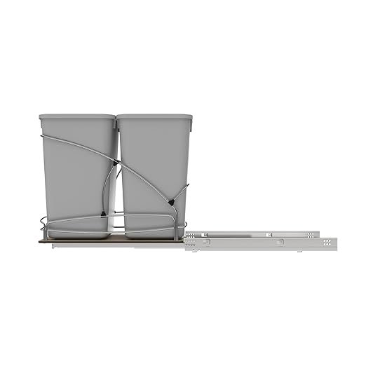 Rev-A-Shelf Steel Bottom Mount Double 27 Quart 6.75 Gallon Waste Bin Trash Container for Under Kitchen Cabinet with Soft Close, Gray, 54WC-1527SC-17-1