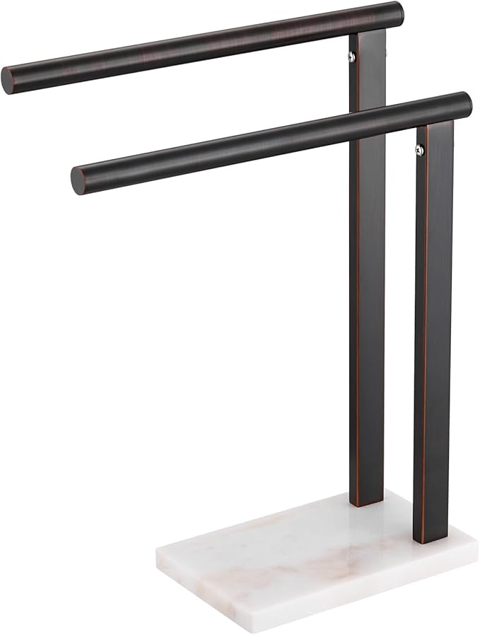 KOKOSIRI Hand Towel Bars Stand Towel Rack 2-Tier with Marble Base for Bathroom Vanity Countertop, Oil Rubbed Bronze Stainless Steel 15.7'' Height THS0007-ORB