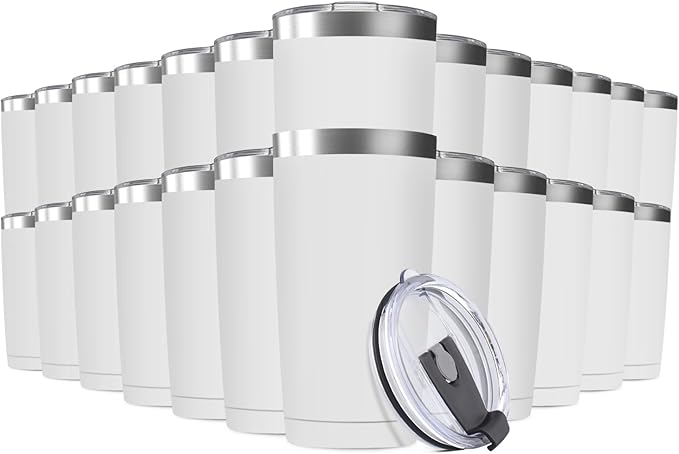 25 Pack 20oz Tumbler Vacuum Insulated Travel Mug with Lids, Stainless Steel Double Wall Bulk Cup for Home, Office, Outdoor Suitable for Vehicle Cup Holders White