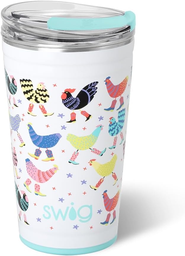 Swig Life 24oz Party Cup, Stackable Insulated Travel Coffee Tumbler with EZ Slider Lid, Cup Holder Friendly, Stainless Steel 24 oz Tumbler, Reusable Coffee Mug (Funky Chicken)