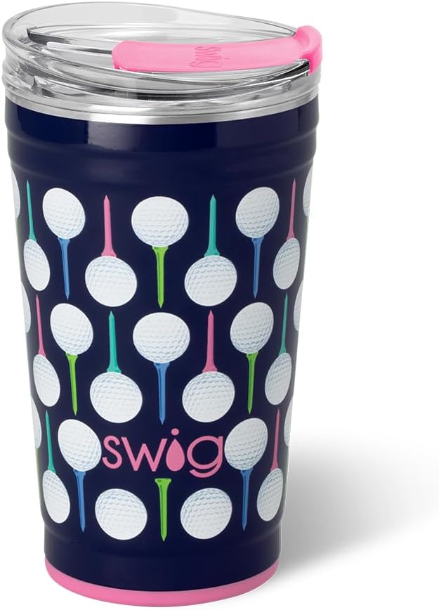 Swig Life 24oz Party Cup, Stackable Insulated Travel Coffee Tumbler with EZ Slider Lid, Cup Holder Friendly Travel, Stainless Steel 24 oz Tumbler, Reusable Mug (Tee It Up)