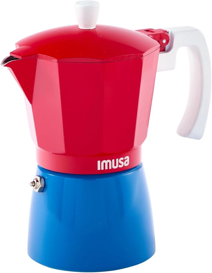 IMUSA Stovetop Espresso Maker 3 Cup Moka Pot Caribbean Colors Edition – Cuban Coffee, Italian Style, Demitasse, Cortadito, Cappuccino – Cast Aluminum Cafetera Espresso Azul Rojo Blanco