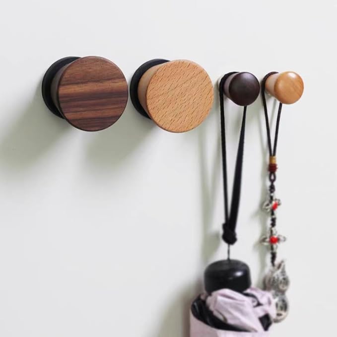 2 PCS Retro Magnetic Hooks, Wrought Iron Wooden Ball Hooks, Creative Punch-Free Storage for Refrigerators, Metal Doors, and Lockers (Walnut Wood,L)