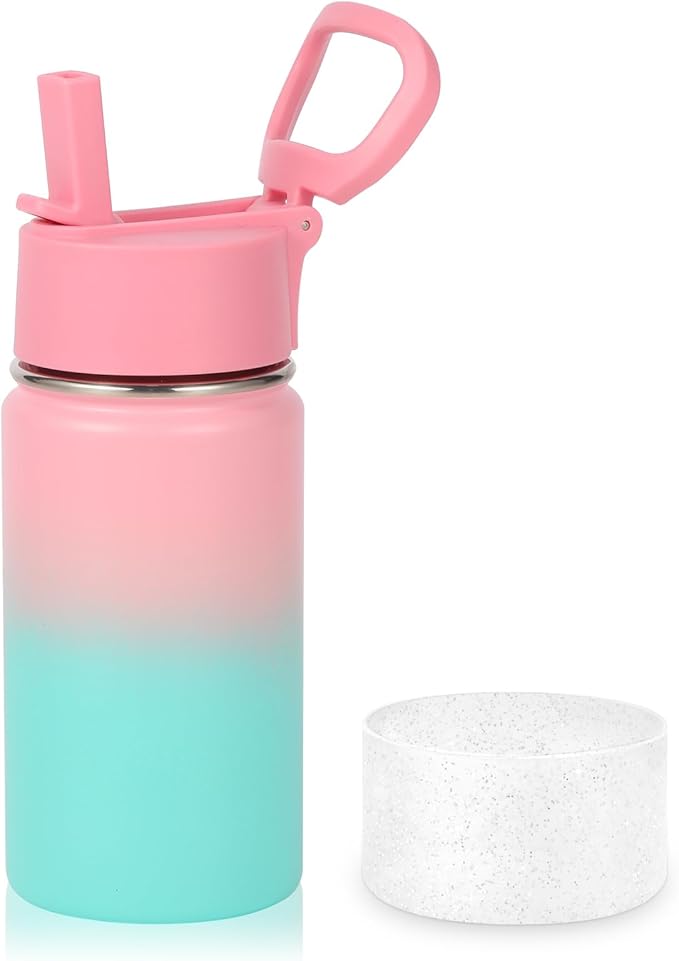 Volhoply 14oz KIds Stainless Steel Insulated Leakproof Water Bottle with Straw Lid and Silicone Boot,BPA-Free Easy Use for Boys&Girls,Double Wall Vacuum Bottles(Pink Green,1)