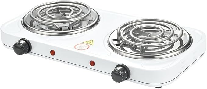 Compact and Portable Countertop Burner- Countertop Double Coiled Burner 2000 Watts Electric Hot Plate Temperature Controls White