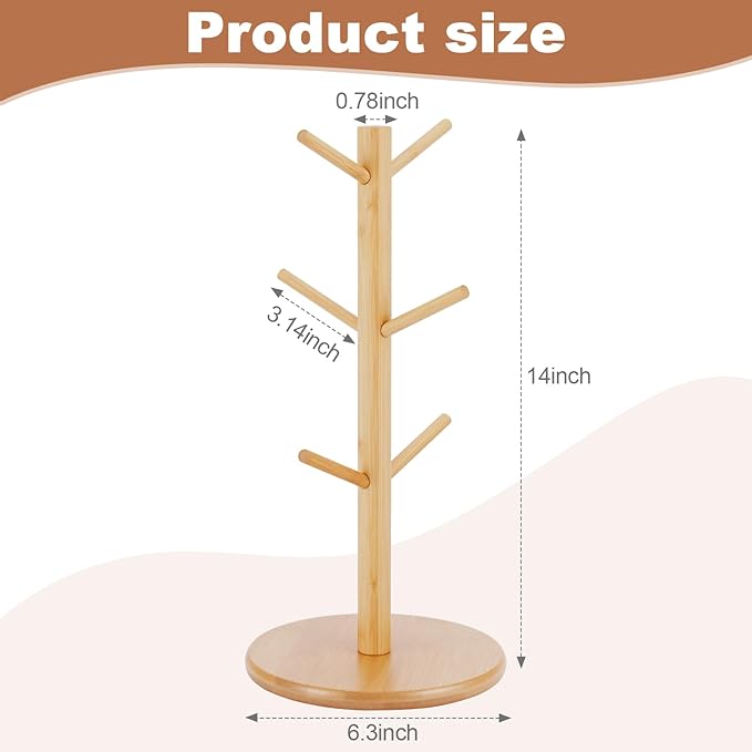 Bamboo Mug Tree Holder, Upgraded Screw Type 6 Hooks Coffee Mug Holders, Decorative Mug Racks for Counter, Non-Slip Coffee Mug Cup Trees