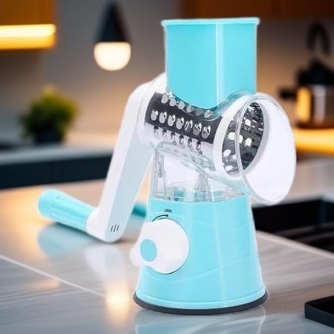 Rotary 3-in-1 Grater for Kitchen - Stainless Steel Cheese Grater with Turn Handle (Blue)