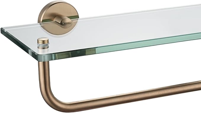 JQK Bathroom Glass Shelf, Shelf with 15 Inch Towel Bar Tempered Glass Shower Storage 16 by 5 inches, 304 Stainless Steel Champagne Bronze Wall Mount, TGS100L16-CB
