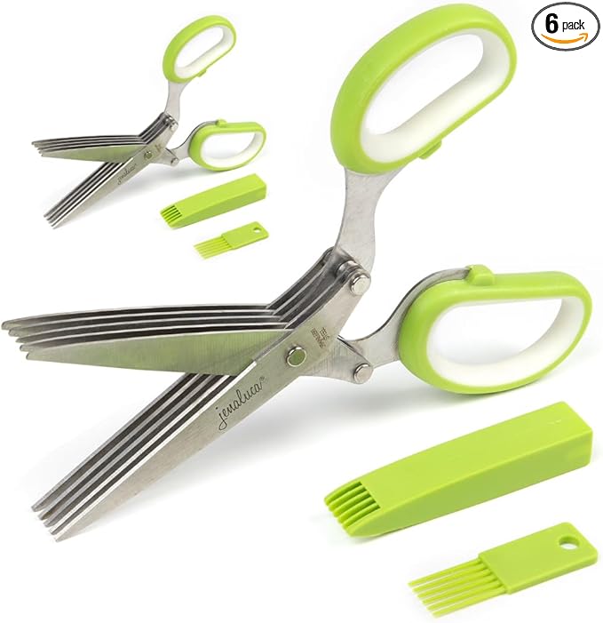 Jenaluca Herb Scissors with Five Blades - Two Pack - Herb Chopper with cleaning comb and safety cover