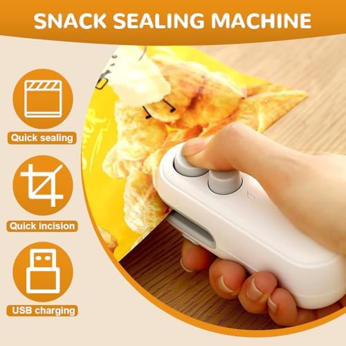 2-in-1 Mini Bag Sealer with Cutter & Magnet - Rechargeable Handheld Heat Sealing Machine for Snack & Chip Bags - Portable Food Storage Resealer (White, 2pcs)