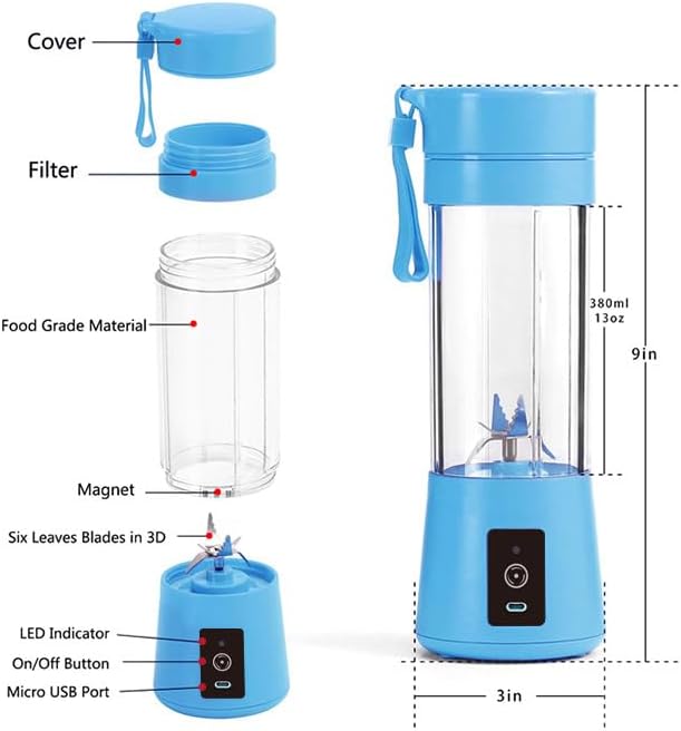 Cordless Portable Personal Size Blender - Mini Blender, 380Ml BPA Free Travel Cup, Powerful Blending Suit in Office/Home/Gym, Valentines Day Gift Sky blue