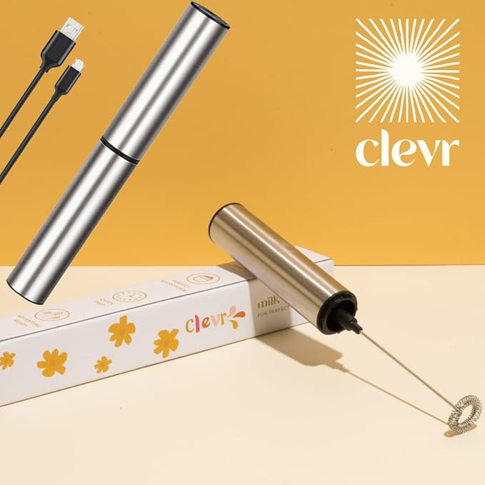 Clevr Milk Frother, Hand Stirrer for Coffee, Matcha, Hot Chocolate, Protein Shake, Latte, Tea, Stainless Steel Rechargeable Handheld Whisk, Fast and Easy Frothing Wand, No Battery Needed