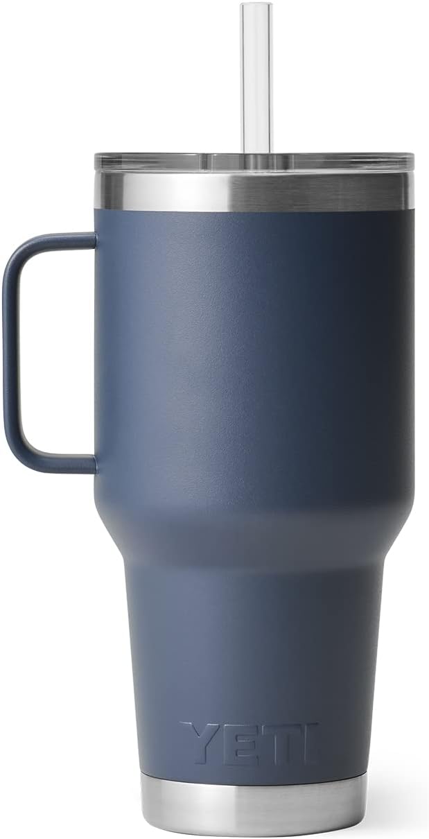 YETI Rambler 35 oz Tumbler with Handle and Straw Lid, Travel Mug Water Tumbler, Vacuum Insulated Cup with Handle, Stainless Steel, Navy