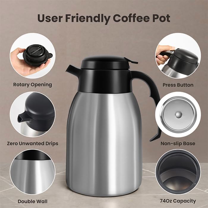 SYBO Thermal Coffee Carafe 74oz, 12 Hours Thermos, Insulated Stainless Steel Carafe for Keeping Hot/Cold Coffee, Tea, Water, Drink Dispenser for Parties, Travel, Camping, Office
