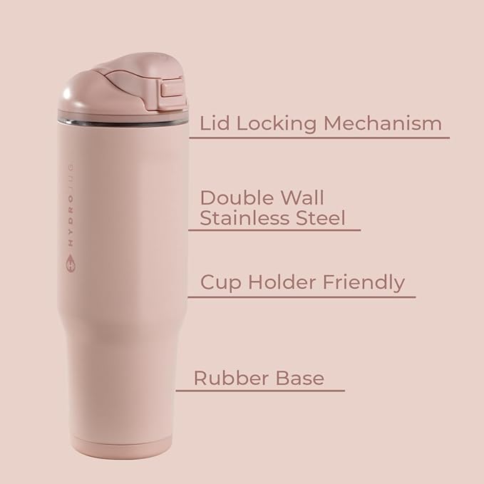 HydroJug Ease2o Water Bottle with Straw & Chug Lid, Stainless Steel, Vented Cap to Help Reduce Pressure, Water-Level Window, Cup Holder Friendly, Non-Slip Base – 32oz, Dusty Rose