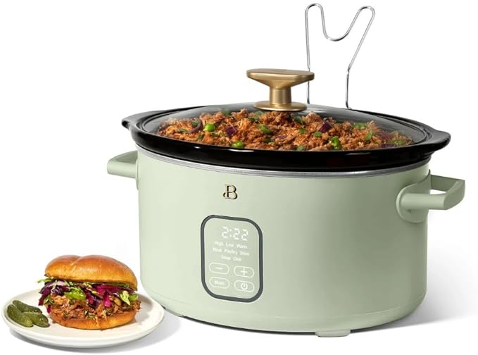 Beautiful 6 Qt Programmable Slow Cooker by Drew Barrymore -5 Preset Cooking Functions, Digital Countdown Timer, Dishwasher-Safe Parts and Cool-Touch Handles (Sage Green)