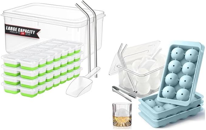 14 Grids Ice Cube Trays Set & 8 Circles Ice Cube Trays Set - 7 Trays, 2 Bins, 2 Scoops, 2 Tongs & 4 Straws
